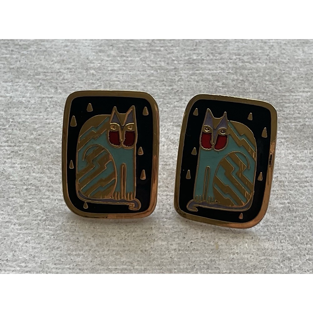 vintage Laurel Burch "Fantasticat" enamel and gold-tone stud earrings Estate
